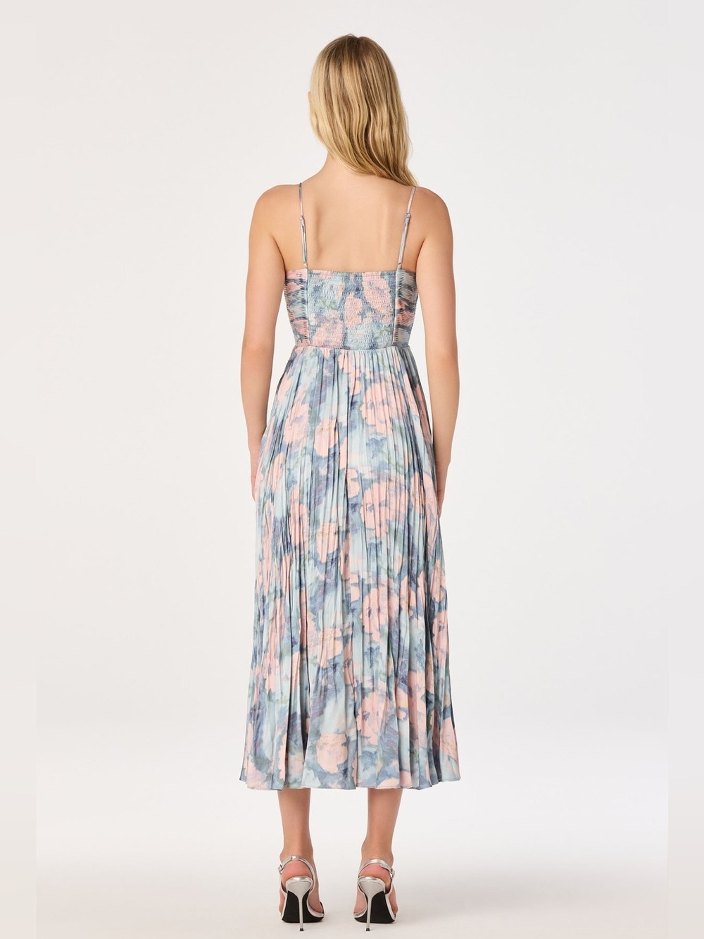 ASTR The Label Maeve Floral Pleated Satin Midi Dress in Blue Multi Abstract S - Picture 6 of 9